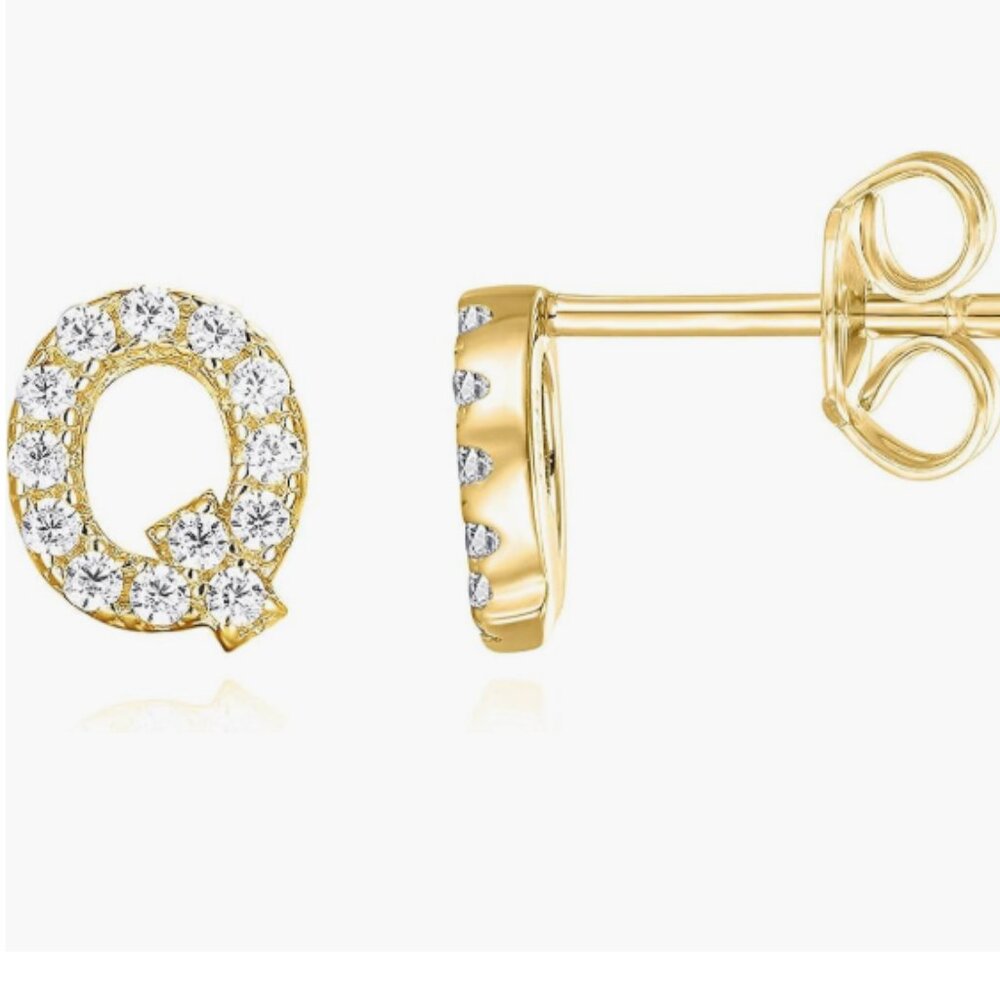 NIB PAVOI 14K Gold Plated 925 Sterling Silver CZ Initial Letter Stud Earring "Q"